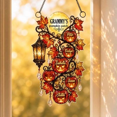 Personalized Halloween Pumpkin Maple Leaf Window Hanging Suncatcher with Title and Name, Home Decor, Halloween Gift for Grandma/Family