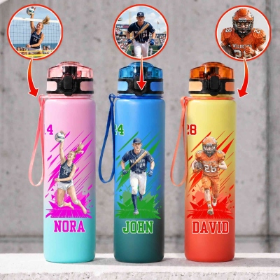 Personalized Watercolor Sports Photo 34 oz Motivational Sport Water Bottle with Name and Number, Outdoor Use, Anniversary/Birthday Gift for Athlete