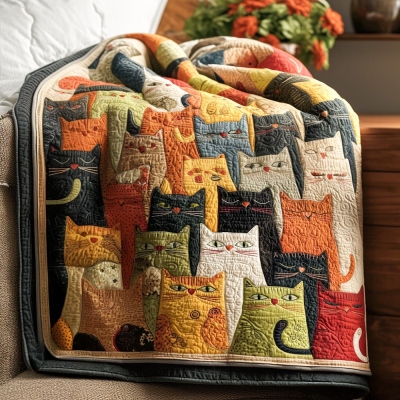 Unique Whisker Wonder Cat Quilted Blanket, Cozy Feline Mosaic Bedspread with Colorful Cat Design, Home Decor, Christmas Gift for Cat Lovers/Family