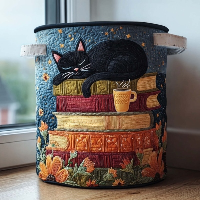 Cat Quilted Laundry Basket, Cute Feline Storage Hamper with Handles, Decorative Clothes & Toy Organizer, Birthday/Christmas Gift for Cat Lovers/Family
