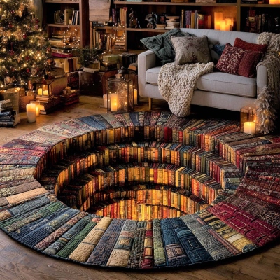 Christmas Quilted Tree Skirt & Round Mat, 3D Storybook, Santa Grotto & Mushroom Fantasy Floor Decor, Christmas Gift for Family & Friends