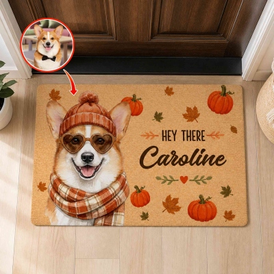 Personalized Autumn Hey There Maple Leaf Pumpkin Pet Photo Non-Slip Doormat with Name, Thanksgiving/Birthday Gift for Pet Owner Lover