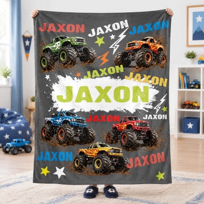 Personalized Name Monster Truck Dinosaur Blanket, Flannel/Sherpa Bed Couch Throw, Nursery Decor, Birthday/Holiday Gift for Newborns/Boys/Toddlers