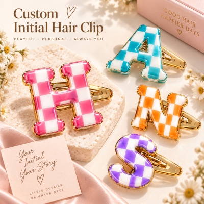 Personalized Checkerboard Initial Hair Clip, Y2K A-Z Letter Barrette Everyday Accessory, Christmas/Birthday Gift for Girls/Women