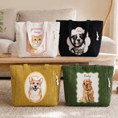Personalized Watercolor Pet Photo Large Capacity Corduroy Tote Bag with Name, Daily Use, Travel Birthday Gift for Pet Owner Lover