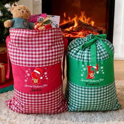 Custom Name Santa Hat Alphabet Reindeer Christmas Gingham Gift Bag, Large Capacity Cotton Santa Sack with Drawstring, Christmas Gift for Kids/Family