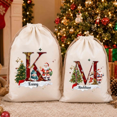 Personalized Name Cartoon Santa Claus & Snowman Alphabet Christmas Gift Bag, Canvas Santa Sack with Drawstring, Christmas Gift for Kids/Family