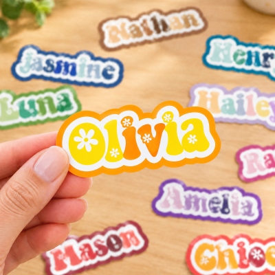 Personalized Name Cartoon Flower Theme Stickers, Retro Daisy Waterproof Decals, Labels for Notebook/Water Bottle, Birthday Gift for Boys/Girls/Friends