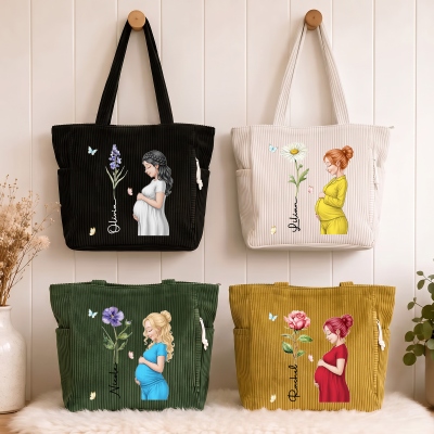 Personalized Birth Flower Cartoon Pregnant Mother Large Capacity Corduroy Tote Bag with Name, Baby Shower/Birthday Gift for New Mom