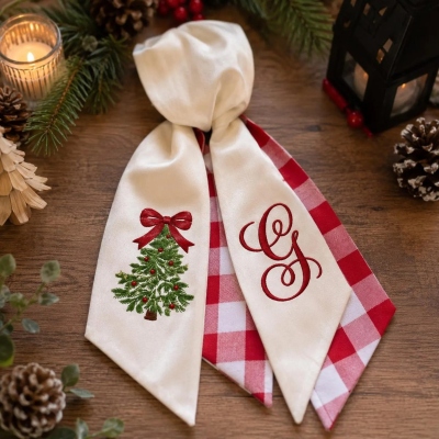 Personalized Christmas Wreath Sash with Monogram & Embroidered Tree, Holiday Front Door Bow Decor, Housewarming/Christmas Gift for Family/Friends