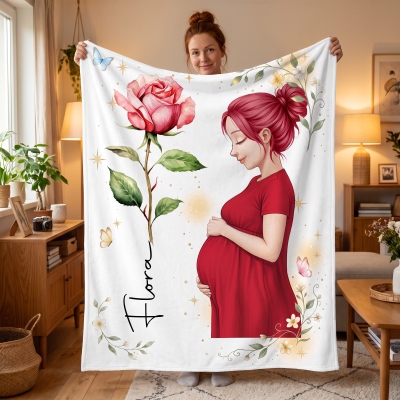 Personalized Pregnant Motherhood Birth Flower Soft Throw Blanket with Name, Home Use, Pregnancy Anniversary Gift for Pregnant Woman/New Mother