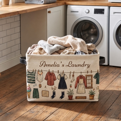 Personalized Name Hand-drawn Clothesline Illustration Laundry Basket, Large Capacity Cube Laundry Hamper with Handle, Housewarming Gift for Mom/Family