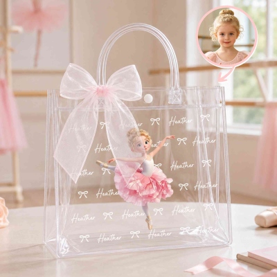 Personalized Birth Flower 3D-Effect Artwork Cartoon Ballet Girl Transparent Gift Bag with Name and Pink Ribbon Bow, Birthday Gift for Girls