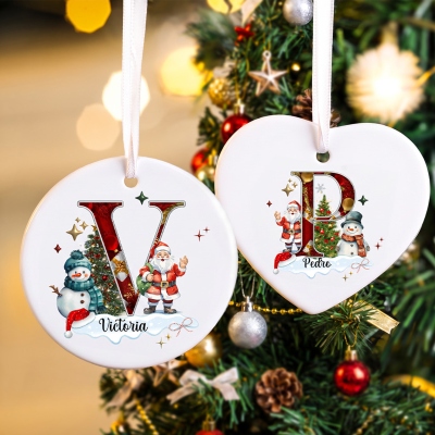Personalized Name Cartoon Santa Claus & Snowman Alphabet Christmas Ornament, Heart-Shaped/Round Ceramic Holiday Decor, Christmas Gift for Kids/Family