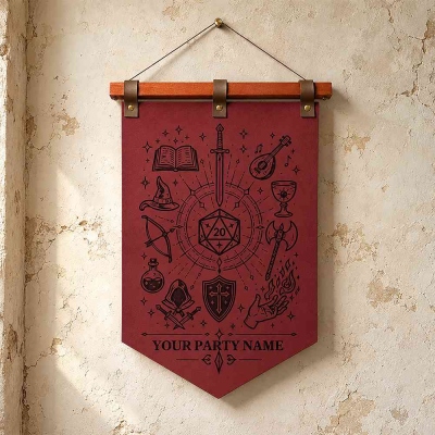 Personalized Faux Leather DND Party Pennant Wall Hanging Decor, Custom DND Party Name Adventurer Group Banner, DND Room Decor Flag Keepsake Gift