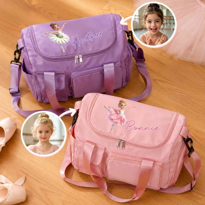 Personalized 3D-Style Artwork Ballet Girl Photo Birth Flower Large Travel Bag with Name and Shoulder Strap, Travel/Birthday Gift for Ballet Lover Girl
