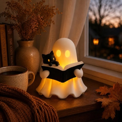 3D Printed Ghost Reading Book Figurine, Spooky Ghost & Black Cat Tabletop Ornament, Halloween Home Decor, Holiday Gift for Book Lovers/Readers/Friends