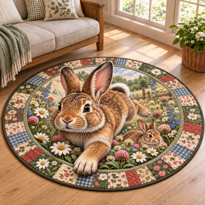 Spring Bunny Floral Quilted Round Rug, Cottagecore Wildflower Rabbit Circle Floor Mat, 3D Visual Circular Carpet, Home Decor, Gift for Bunny Lover