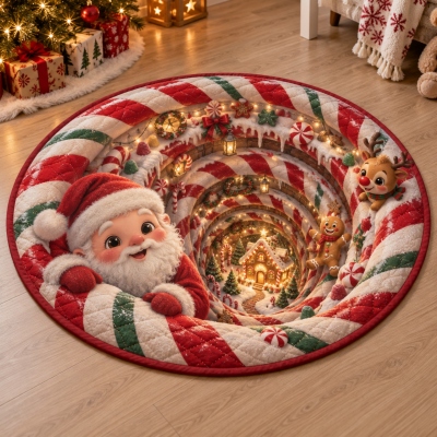 Christmas 3D Optical Illusion Vortex Rug, Santa Claus Bottomless Hole Printed Flat Rug, Non-slip Floor Mat, Home Decor, Christmas Gift for Friend