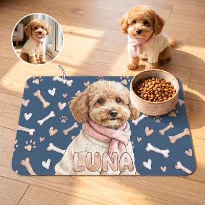 Personalized Watercolor Pet Photo Waterproof PU Leather Pet Feeding Mat with Name, Birthday/Christmas Gift for Dog Cat Owners
