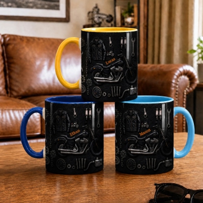 Personalized Name 3D Effect Motorcycle Mug, 11oz/15oz Two Tone Ceramic Coffee Mug with Coaster, Birthday Gift for Motorcycle Riders/Biker Enthusiasts