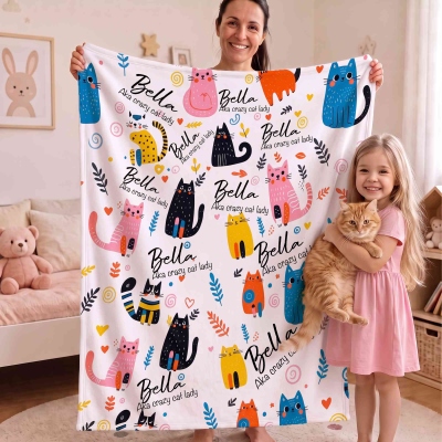 Personalized Name Crazy Pet Lady Cartoon Dogs/Cats Blanket, Flannel/Sherpa Bed Couch Throw, Home Decor, Birthday/Christmas Gift for Pet Lovers/Owners