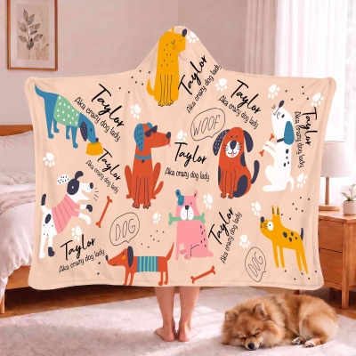 Personalized Crazy Pet Lady Cartoon Dogs/Cats Hooded Blanket with Name, Arctic Fleece Wearable Blanket Hoodie, Birthday/Christmas Gift for Pet Owners