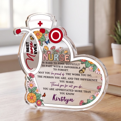 Personalized Name Best Nurse Ever Floral Stethoscope Heart Plaque, Acrylic Desk Decor, Birthday/Appreciation Gift for Women Nurses/Medical Staff