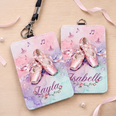 Personalisierter Namensschildhalter mit Aquarell-Ballettschuhen und Lanyard, Kartenetui aus PU-Leder, Geschenk für Ballerinen/Ballettliebhaber/Tanzaufführungs-/Geburtstagsfeier