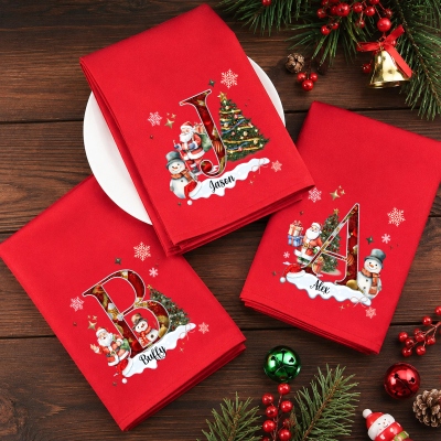 Personalized Name Cartoon Santa Claus & Snowman Alphabet Napkin, Party Dinner Red Napkin, Holiday Dish Towel, Housewarming/Christmas Gift for Family