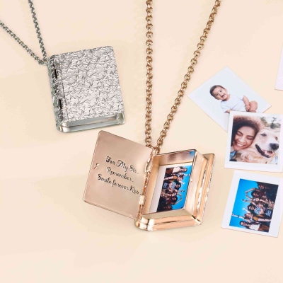 Personalisierte Medaillon-Halskette mit Fotoalbum, gravierte Medaillon-Halskette mit Blumenmuster, Erinnerungsschmuck, Hochzeits-/Jubiläumsgeschenk für Sie/Frauen/Mädchen