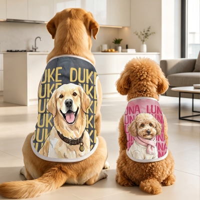 Personalized Watercolor Pet Portrait Photo Soft Cotton Pet Vest with Name, Daily Wear, Pet Birthday Gift for Pet Owners Lovers