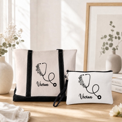 Personalized Nurse Floral Stethoscope Canvas Bag Set with Name, Multicolor Reusable Work Tote Bag & Pouch, Appreciation/Graduation Gift for Nurses