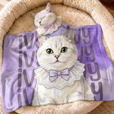 Personalized Watercolor Style Pet Portrait Soft Throw Beanie Pet Blanket with Name, Home Decor, Birthday/Pet Memorial Gift for Dog/Cat Pet Owners Lovers