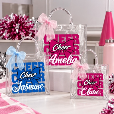 Personalisierte Geschenktasche mit Namensaufdruck und Schleife, transparente PVC-Tragetasche, Geburtstagsgeschenk für Cheerleader/Cheerleader-Trainer/Cheerleader-Mütter