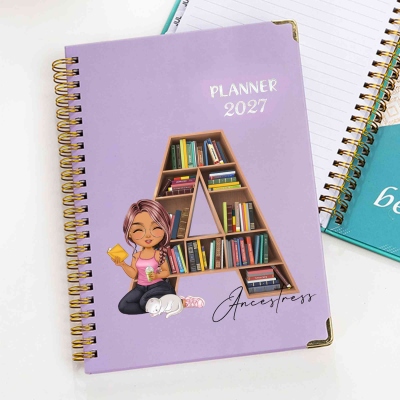 Personalized 2026 Planner Cartoon Character Reading Girl A5 Spiral Notebook with Weekly Monthly Planning Pages, Birthday/New Year Gift for Her