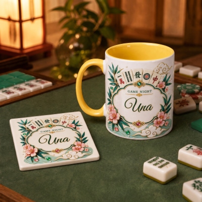 Personalisierter Mahjong-Becher im chinesischen Blumenstil mit Namen, 11oz/15oz zweifarbiger Keramikbecher für Kaffee und Tee, Spielabend-/Geburtstagsgeschenk für Mahjong-Liebhaber