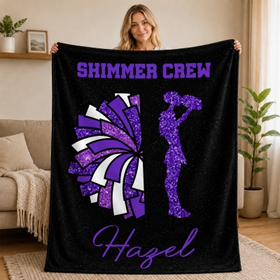 Personalisierte, glitzernde Cheerleader-Mädchen-Silhouette-Pompon-Kuscheldecke mit Teamnamen, Heimdekoration, Geschenk für Cheerleader am Spieltag