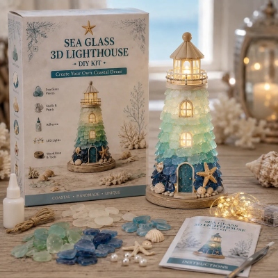 DIY Sea Glass Lighthouse Kit with LED Lights, Beginner Friendly Handmade Coastal Craft Set, Complete Step-by-Step Guide, Gift for Friends/Kids