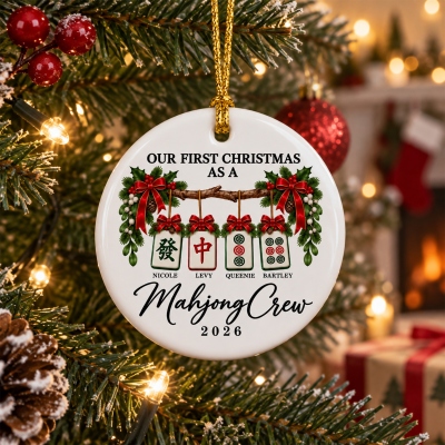 Personalized Names & Year Our First Christmas as a Mahjong Crew Ornament, Round Ceramic Holiday Tree Decor, Christmas Gift for Mahjong Lovers/Friends