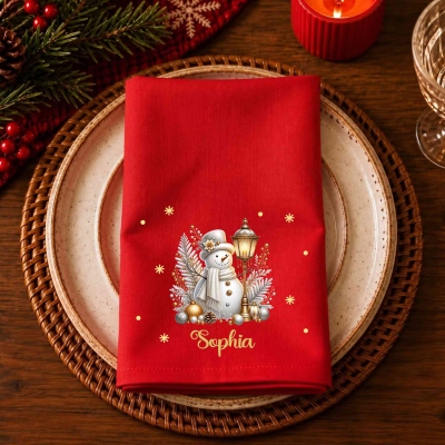 Personalized Name Cartoon Snowman Christmas Napkin, Party Dinner Red Napkin, Holiday Dish Towel, Housewarming/Christmas Gift for Hostess/Family