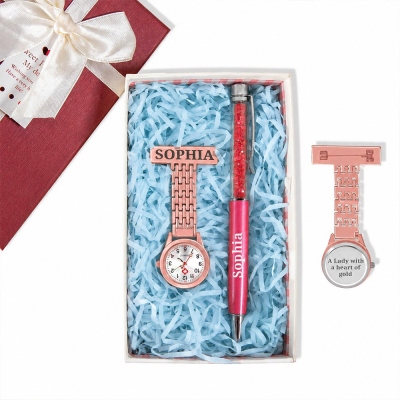 Personalized Medical Clip on Fob Watch & Ballpoint Pen Set with Engraved Name and Gift Box, Thank You Birthday Gifts for Nurses/Doctors/Vets