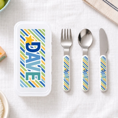 Personalized Name Colorful Stripes Cutlery Set with Case, Food Grade Stainless Steel Knife, Fork & Spoon Set, Birthday Gift for Kids/Toddlers