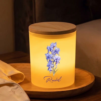 Personalized Name Watercolor Birth Flower Candle Jar Holder with Wooden Lid & LED Candle, Table Decor, Birthday/Mother’s Day Gift for Her/Mom/Women