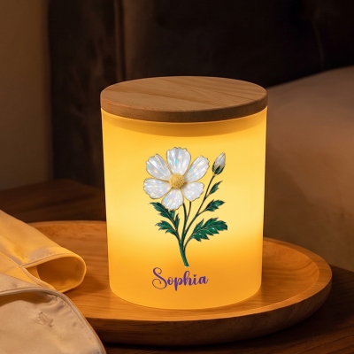 Custom Name Mother of Pearl Effect Birth Flower Candle Jar with Wood Lid & LED Candle, Table Decor, Birthday/Mother’s Day Gift for Her/Mom/Wife/Women