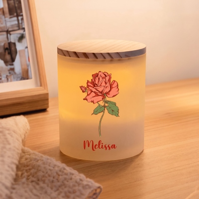 Personalized Name Retro Birth Flower Candle Jar Holder with Wooden Lid & LED Candle, Table Decor, Birthday/Mother’s Day Gift for Her/Wife/Mom/Women