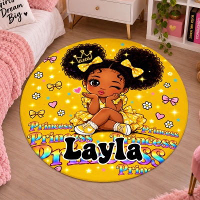 Custom Name Sparkling Cartoon Afro Princess Character Round Fleece Floor Mat, Non-slip Absorbent Rug, Birthday Gift for African American Little Girls