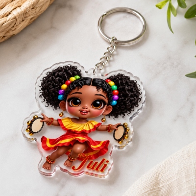 Personalized Cute Cartoon Black Drumming Girl Keychain with Name, Acrylic Keyring, Backpack Charm, Birthday/Christmas Gift for African American Girls
