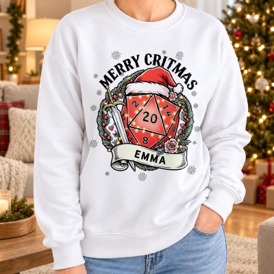 Personalized D20 Merry Critmas Christmas Sweatshirt, Custom Name Dungeons and Dragons Crewneck, DND Christmas Gift