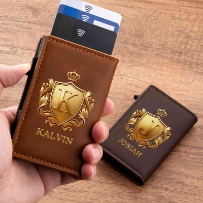 Custom Name Gold Crown Alphabet Shield RFID Blocking Pop-Up Card Holder, Leather Men’s Wallet, Birthday/Father’s Day/Wedding Gift for Him/Dad/Best Men